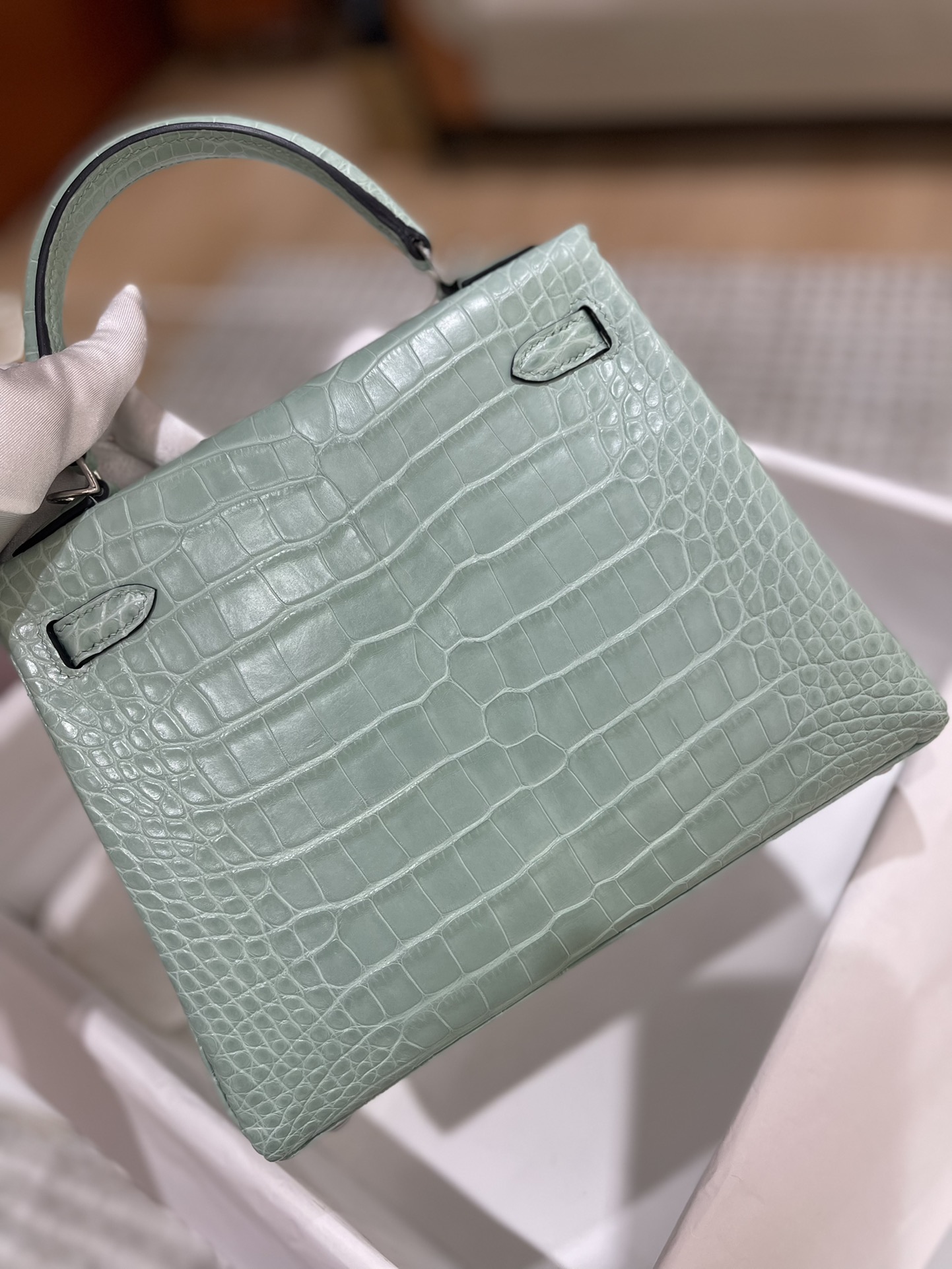 Hermes Kelly 25cm Handbag Shoulder Bag In Grey Green Shiny Crocodile Niloticus Leather